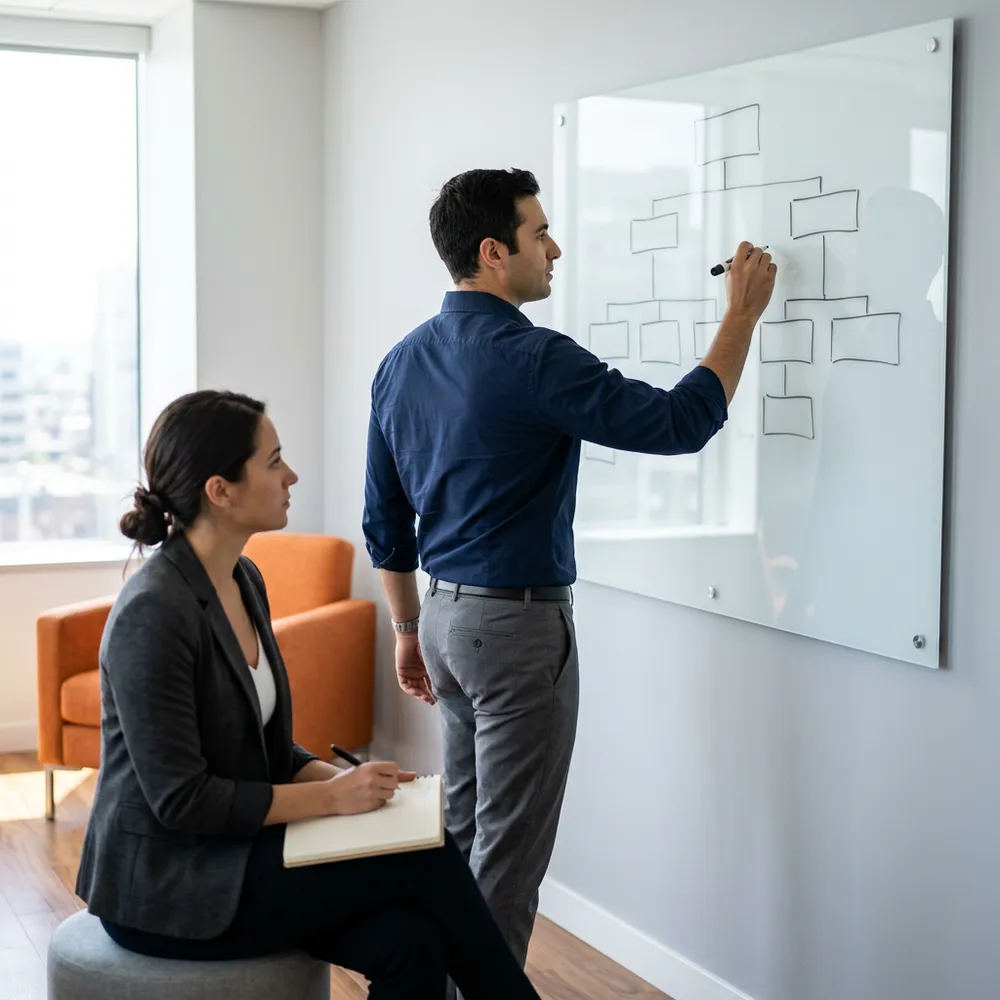 NetSuite functional consultant mapping charge rules and billing milestones on a whiteboard while a project controller takes notes