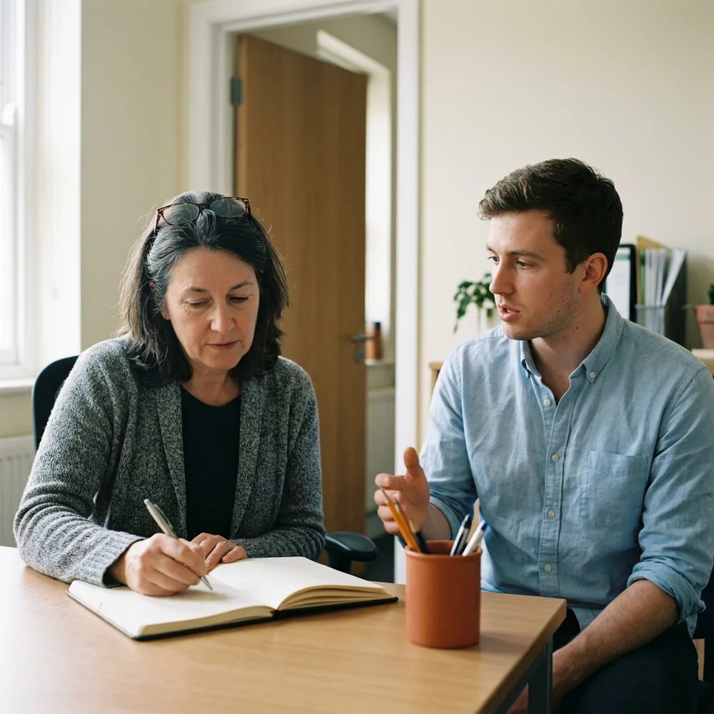 A company NetSuite administrator writing in an open notebook while a contract developer beside her explains, an orange pencil cup on the desk
