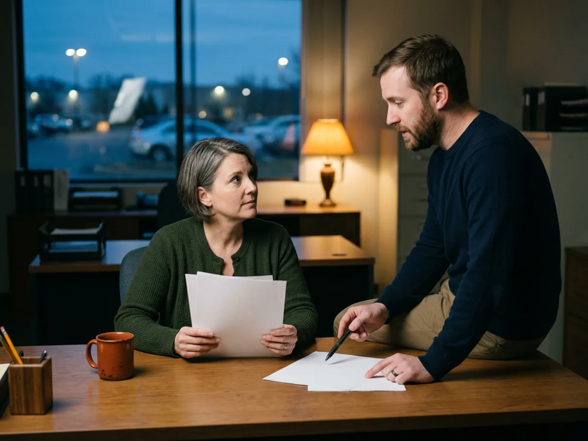 A contract NetSuite rescue consultant pointing at a page with a pen while the company controller holds the rest of the pages and listens, in a finance office at dusk with a desk lamp on