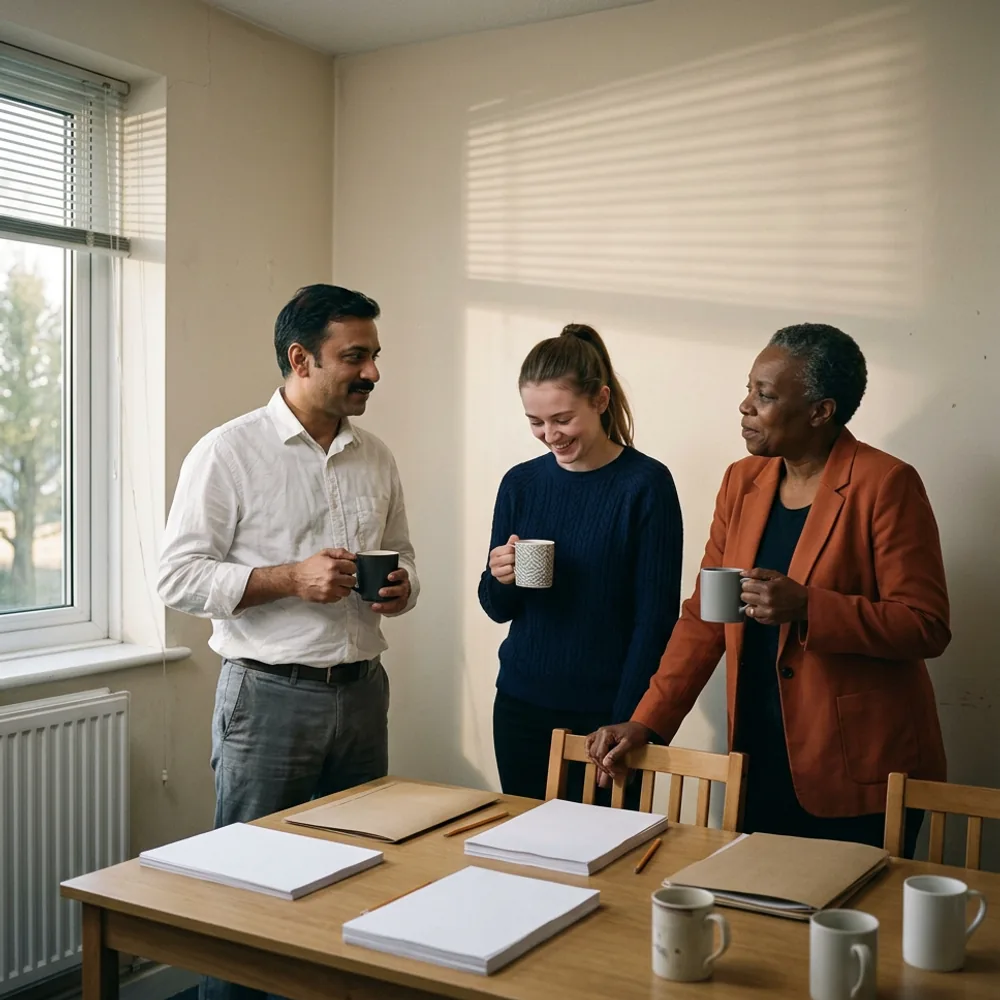 Three finance team members standing around a meeting table with coffee in early morning light after a month-end close, stacks of paper and folders on the table