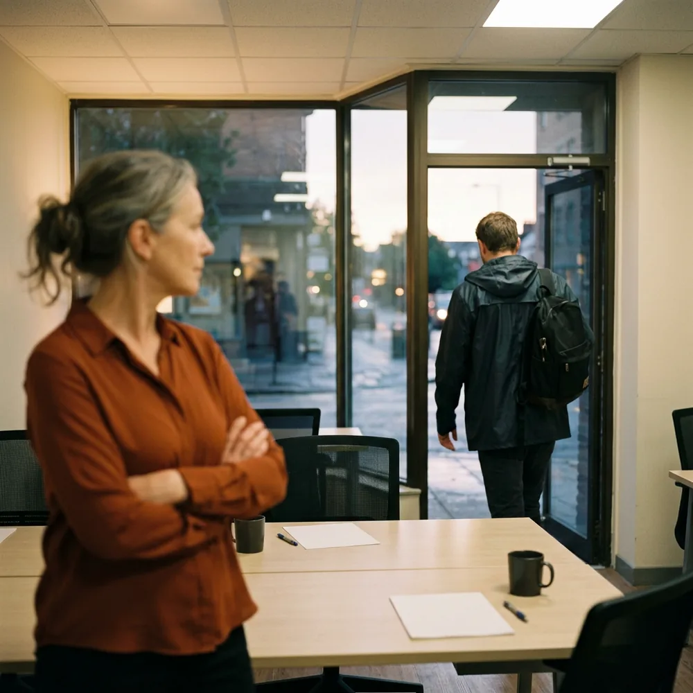 A consultant with a laptop backpack walking out through a glass office door at dusk while a woman in an orange blouse watches from beside the empty desks