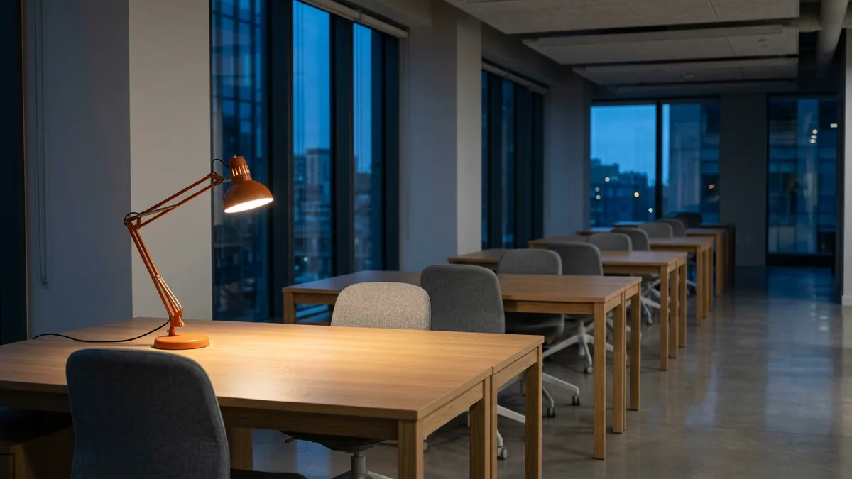 Long dim open-plan office after hours with rows of empty oak desks and a single orange desk lamp switched on at the nearest desk
