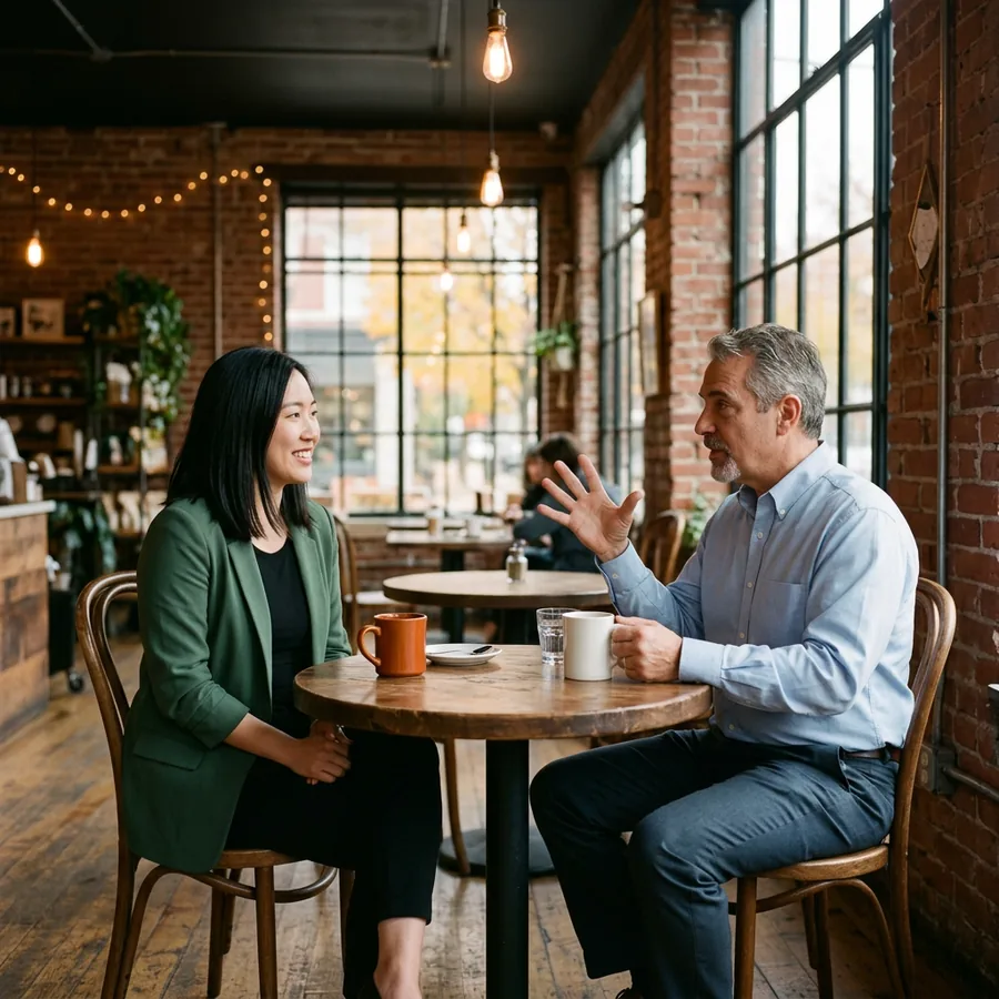 KORE1 recruiter and a NetSuite consultant talking across a small table in a brick-walled Detroit coffee shop with an orange mug between them