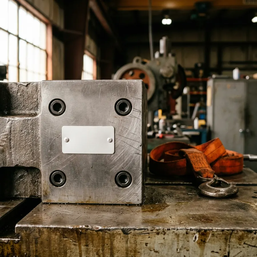 Close view of a heavy progressive stamping die on a press bed with a blank riveted aluminum tag fixed to its side and an orange lifting strap nearby