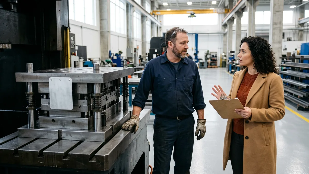 Toolmaker and a finance lead standing beside a large steel stamping die on a press bolster in a bright Michigan tool shop, reviewing a clipboard