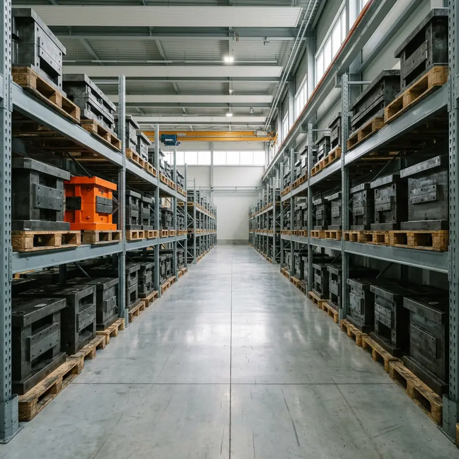 Rows of idle stamping dies stored on heavy steel racks in a quiet, clean Michigan plant with one die block painted safety orange