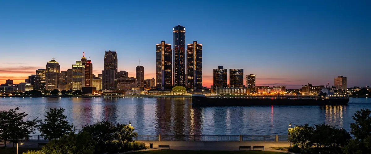 Detroit skyline at dusk seen across the Detroit River, with lit office towers along the riverfront and a freighter passing