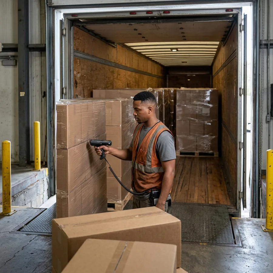 Warehouse receiver with a handheld scanner checking a stretch wrapped pallet of cartons inside an open 53 foot trailer with a hardwood floor at an Indianapolis area dock door