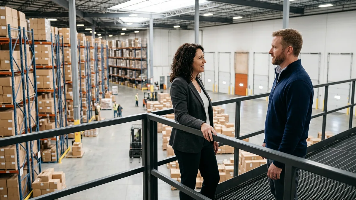 Operations controller and a NetSuite consultant talking on a mezzanine above pallet racking in an Indianapolis area distribution center, with one orange dock door below