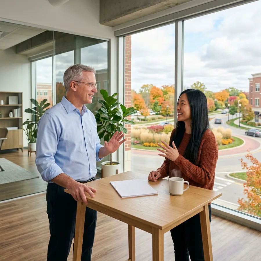 Finance controller and a NetSuite administrator talking at a standing desk in a Carmel Indiana office with a window looking out on a landscaped roundabout