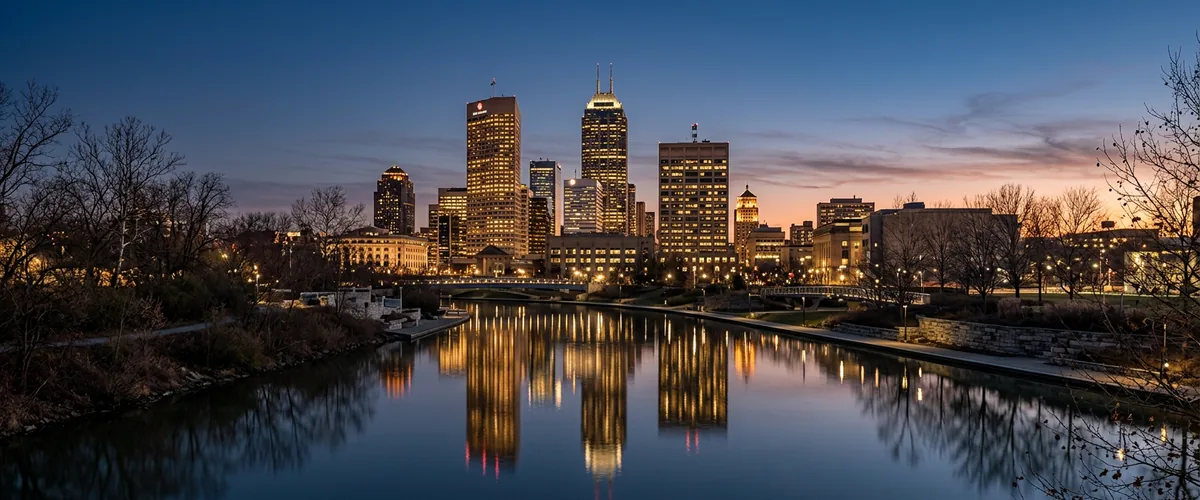 Downtown Indianapolis skyline at dusk seen across the White River with city lights reflecting in the water