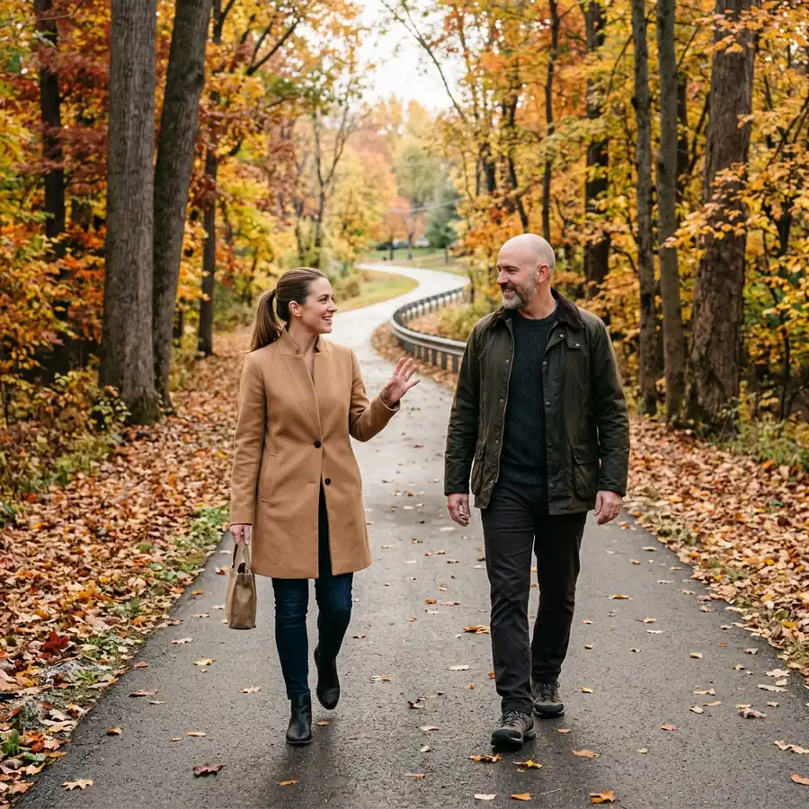 KORE1 recruiter and a NetSuite consultant walking and talking on a tree-lined rail trail north of Indianapolis in autumn