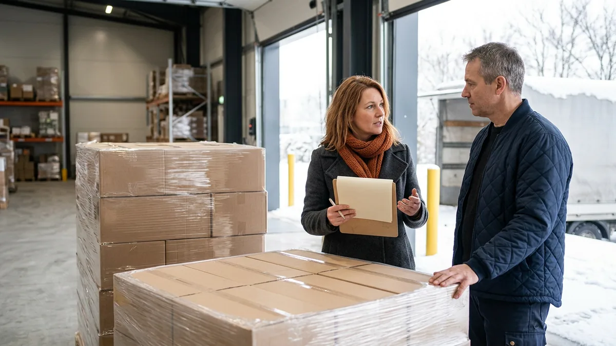 Finance lead with a clipboard and a warehouse manager checking a wrapped pallet of cartons at a snowy Twin Cities loading dock before a retail shipment leaves