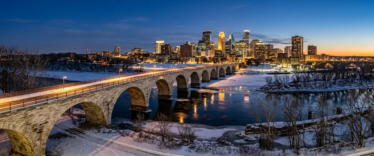 Downtown Minneapolis skyline at dusk in winter with the Stone Arch Bridge crossing the partly frozen Mississippi River