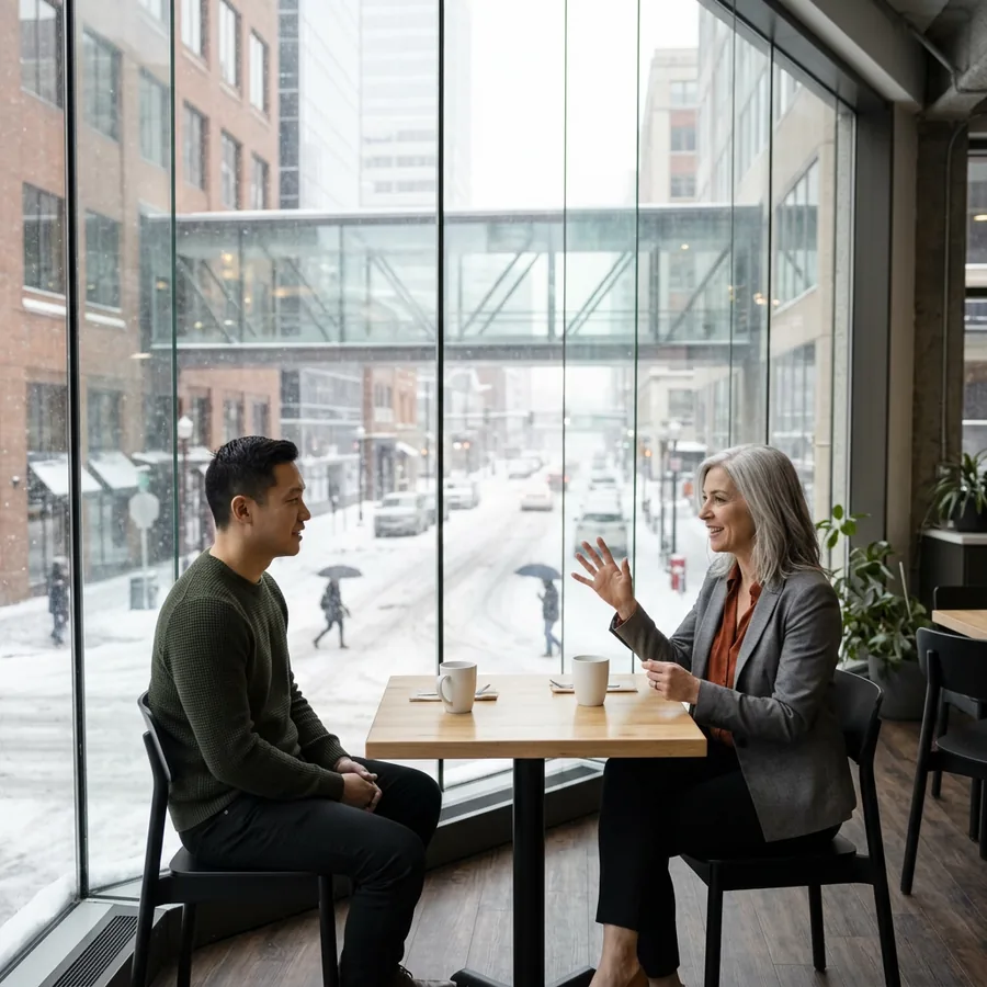 KORE1 recruiter and a NetSuite consultant talking over coffee at a second-level cafe table with a snowy Minneapolis street and a glass skyway behind them