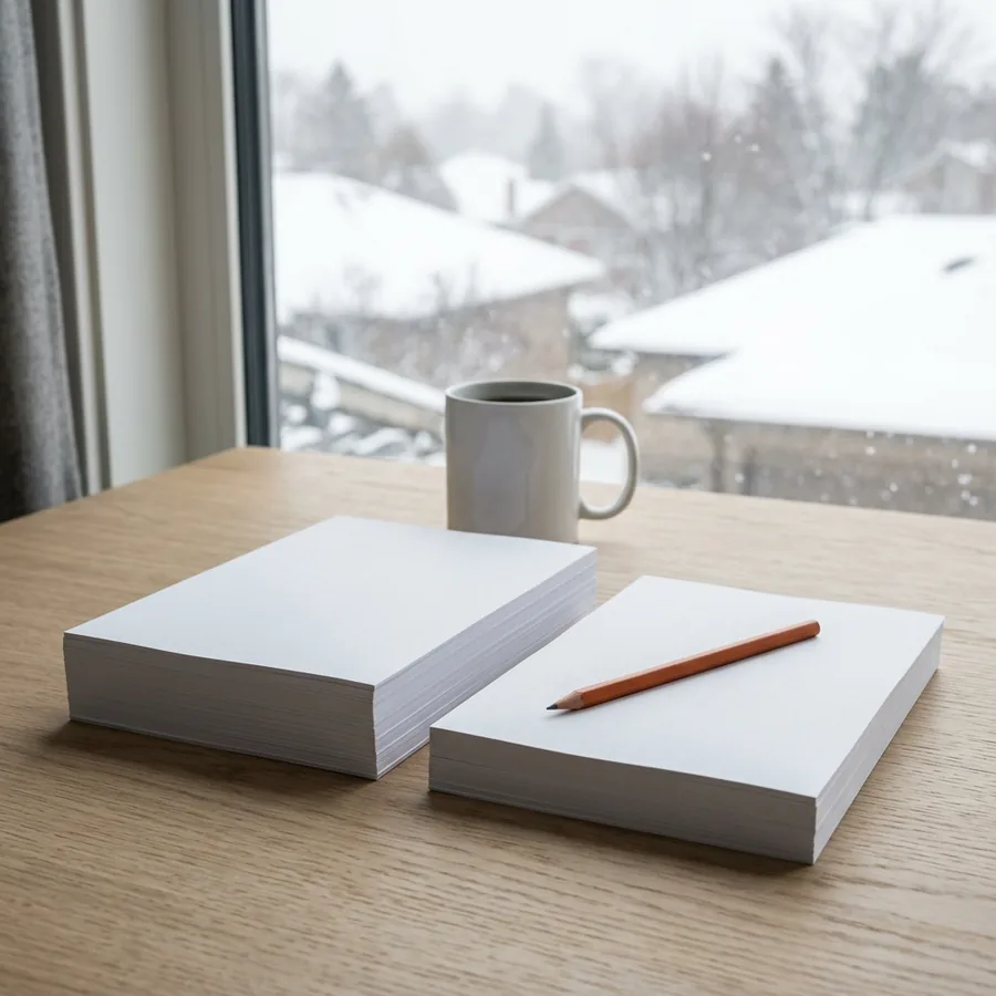 Two stacks of paper of unequal height on an oak desk with an orange pencil across the shorter one and snow-covered roofs outside the window