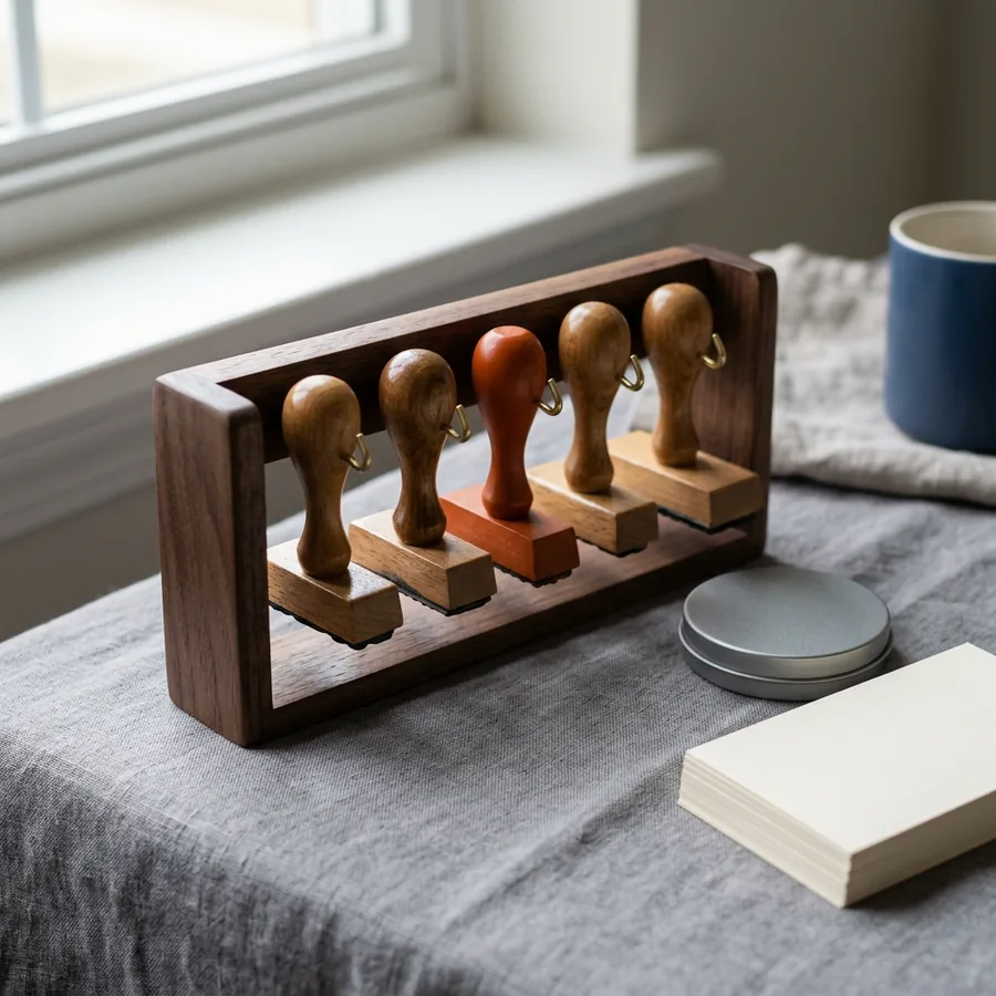 Row of wooden-handled rubber stamps on a walnut rack with one orange handle, beside an ink pad tin and a stack of blank index cards