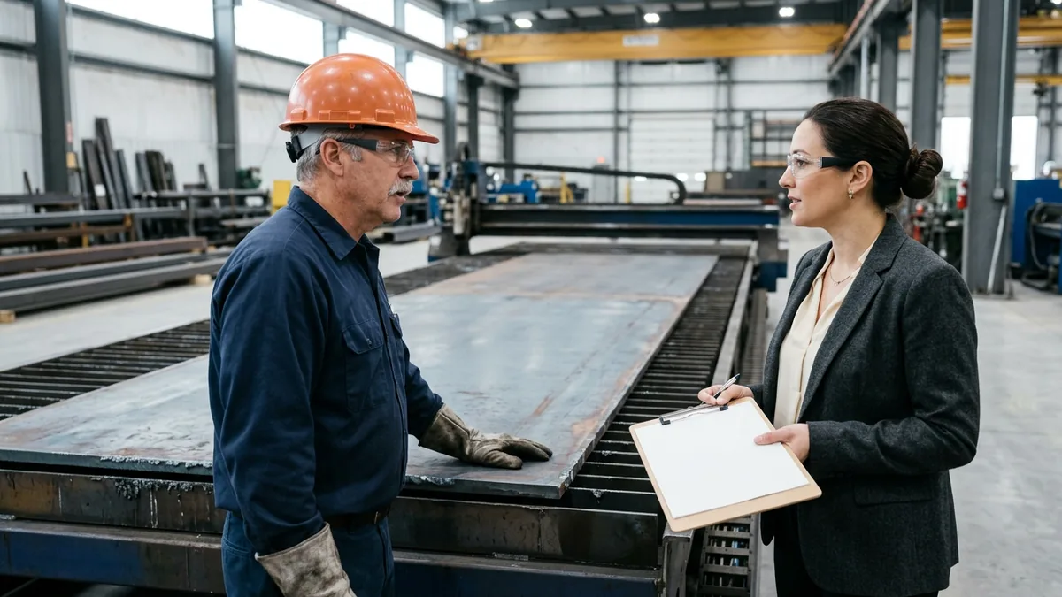 Plant operator and a finance lead standing beside a large steel plate on a cutting table in a bright Pittsburgh service center, comparing a printed weight sheet