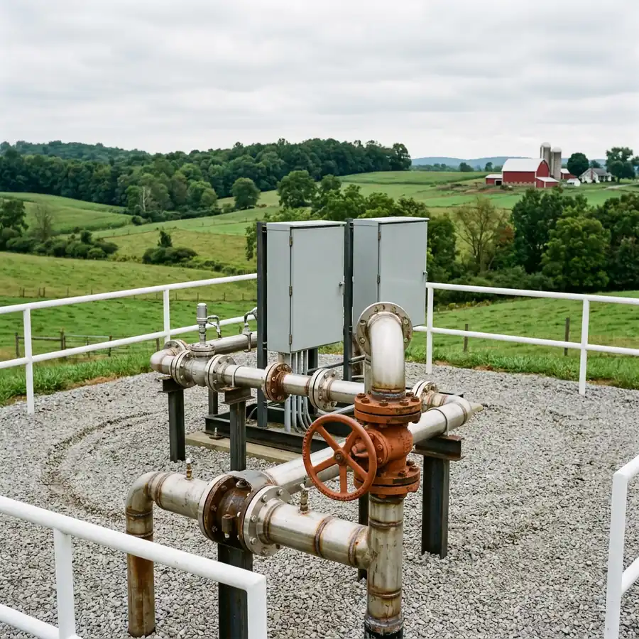 Natural gas metering and measurement skid on a gravel pad in rolling Western Pennsylvania farmland, with piping, a small instrument shelter and an orange valve handle