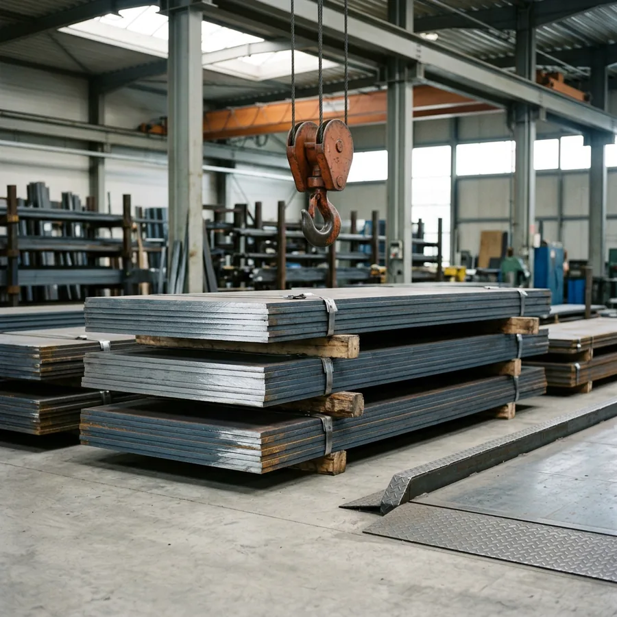 Banded lifts of steel plate stacked in a Western Pennsylvania service center with a truck scale platform and an orange overhead crane hook behind them