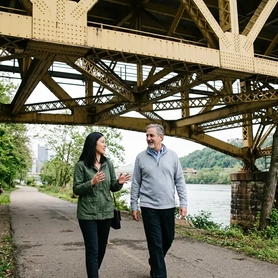 KORE1 recruiter and a NetSuite consultant walking and talking along a Pittsburgh riverfront trail beneath the steel truss of a yellow bridge
