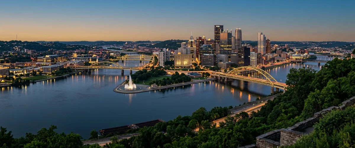 Pittsburgh skyline at dusk seen from Mount Washington, with the Allegheny and Monongahela rivers meeting at the Point and the yellow bridges lit
