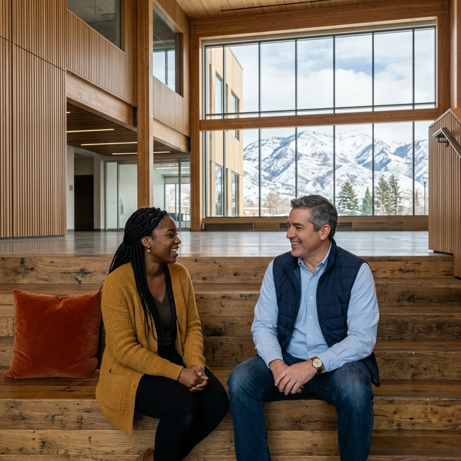 Finance controller and a NetSuite administrator talking on wooden atrium steps at a Lehi tech campus with snow covered mountains outside the tall windows