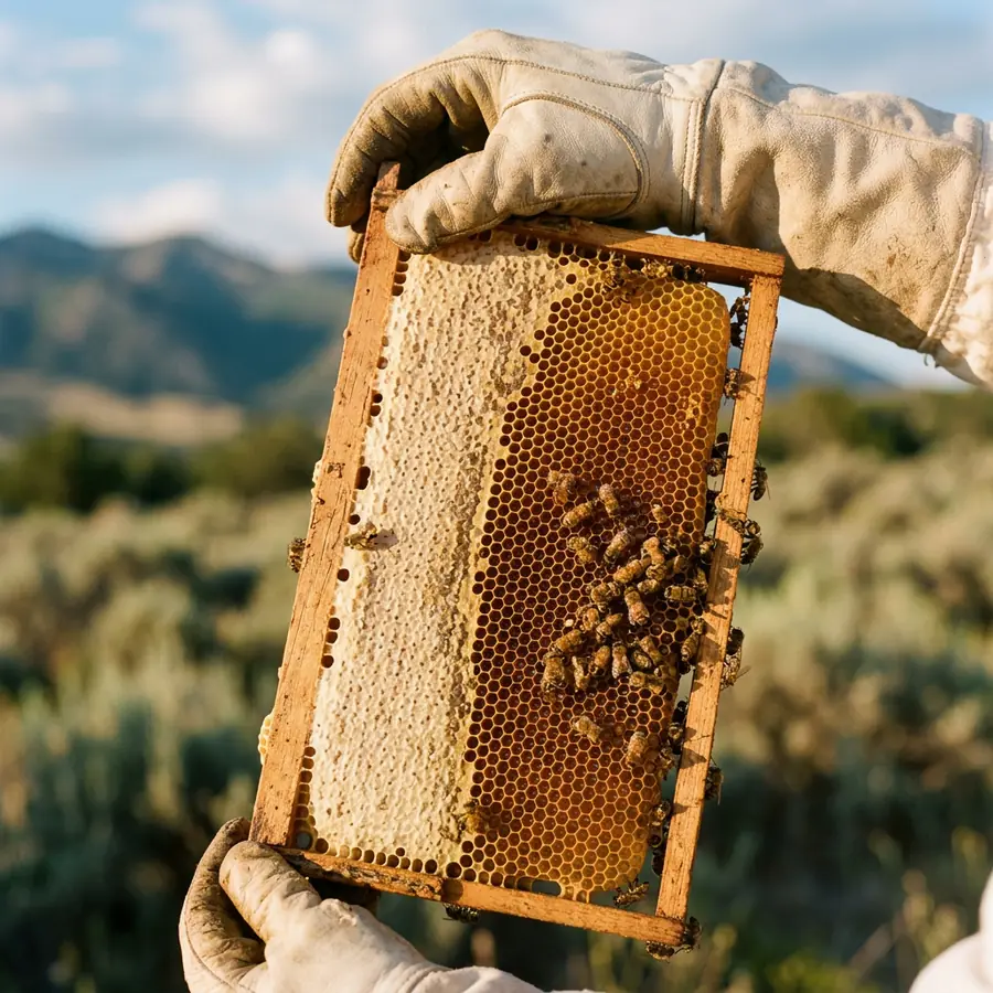 Gloved beekeeper holding up a wooden frame of honeycomb with sealed wax cells on the left and open cells of honey on the right, sagebrush and Wasatch foothills behind