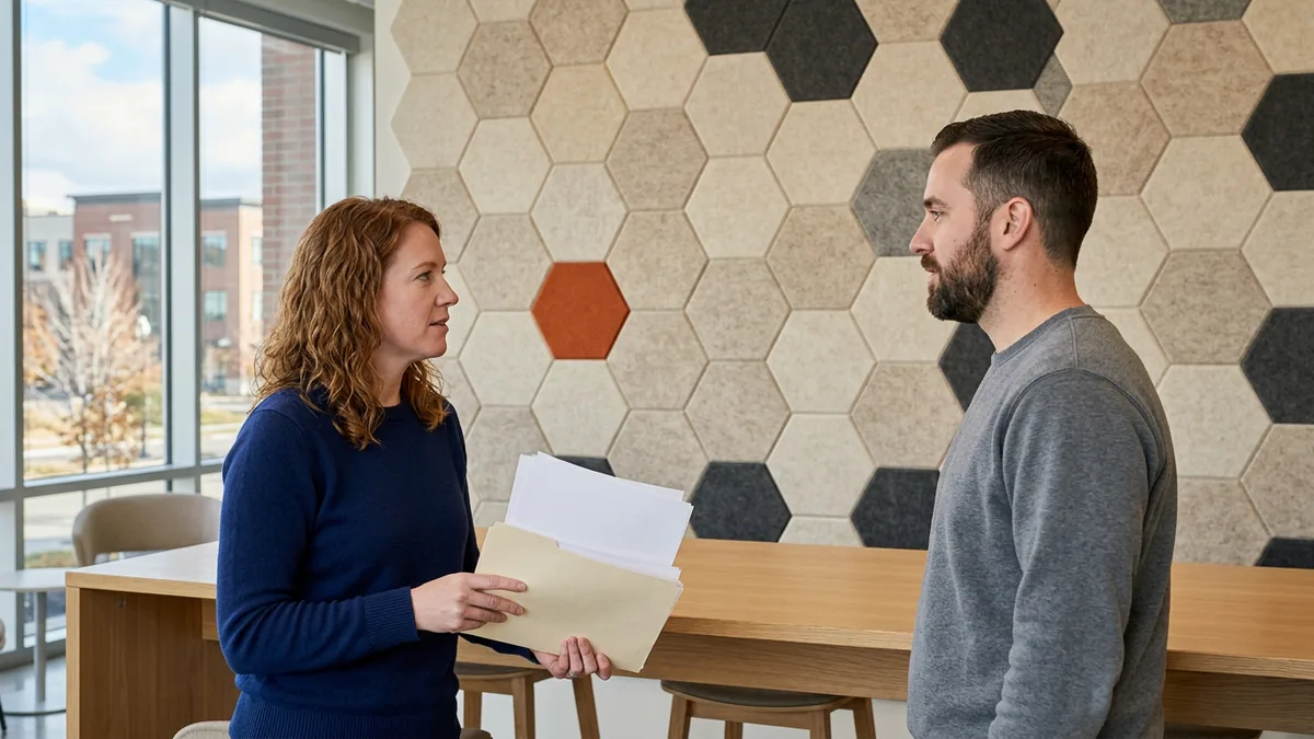 Revenue accountant and a customer success lead talking in a Salt Lake City software office in front of a honeycomb wall of hexagonal acoustic tiles with one orange tile