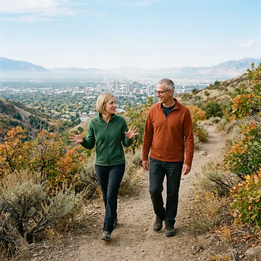 KORE1 recruiter and a NetSuite consultant walking and talking on a foothill trail among sagebrush and autumn scrub oak above Salt Lake City
