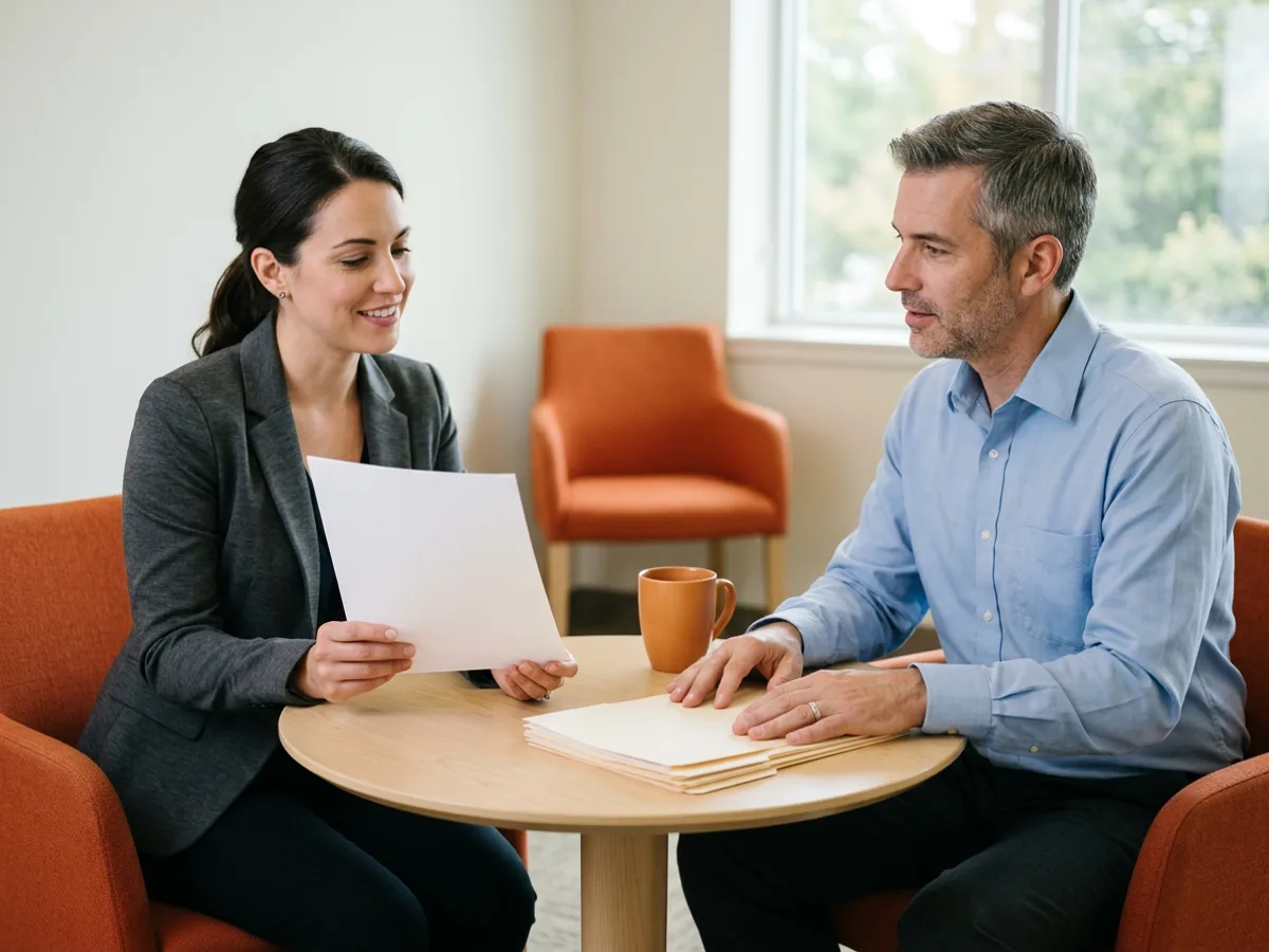 A NetSuite administrator and a developer going through the week's support items on paper at a small round table the morning after go-live, a blank hour allowance sheet and manila folders between them