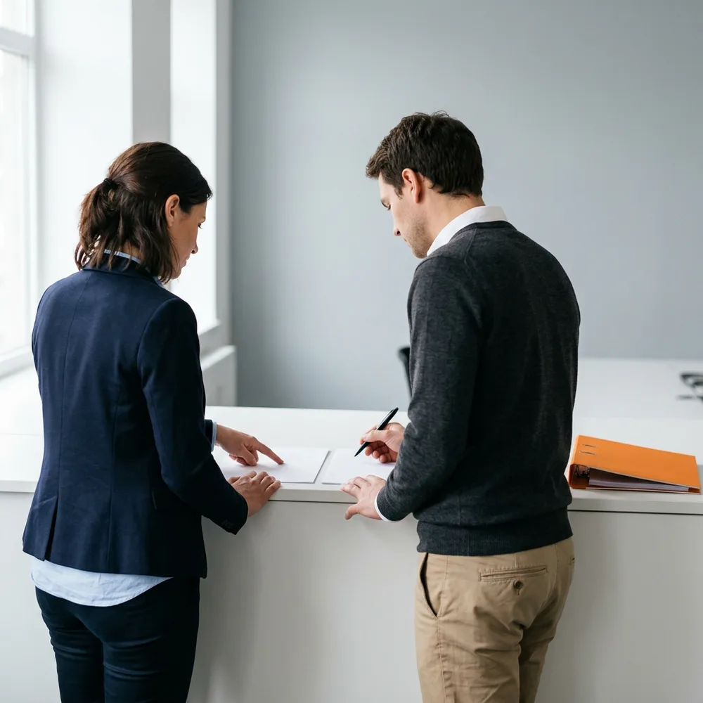 Two NetSuite consultants comparing two blank printed sheets side by side at a table, working through a release regression check before an upgrade reaches production