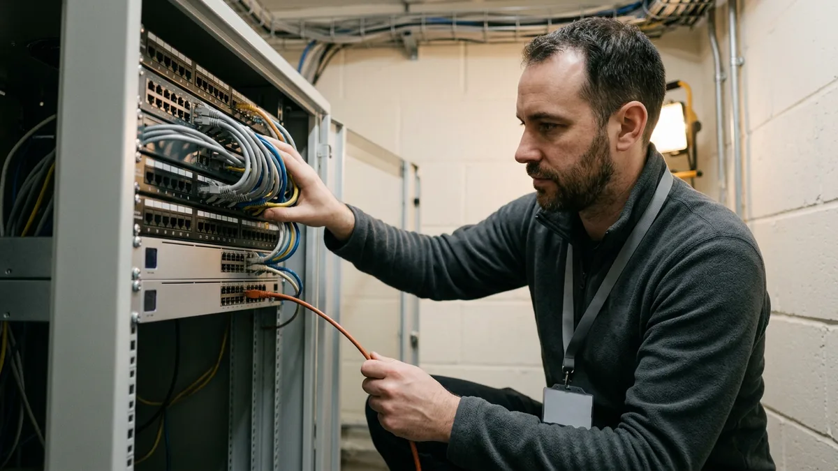 Network engineer in a charcoal fleece crouching at an open equipment rack and plugging an orange patch cable into a switch in a wiring closet