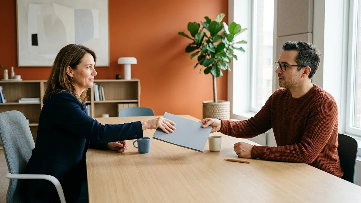 Hiring manager in a rust sweater and a recruiter in a navy blazer passing a gray folder across a wooden table in a bright office with an orange wall