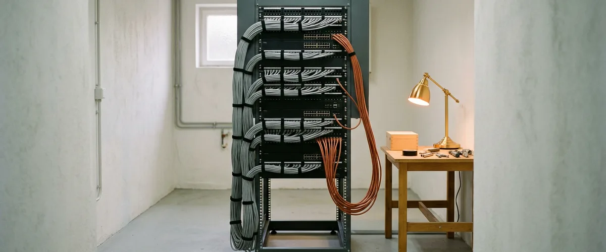 Tidy network equipment rack with gray ethernet cables bundled down one side and a single orange cable run beside a workbench with a brass lamp