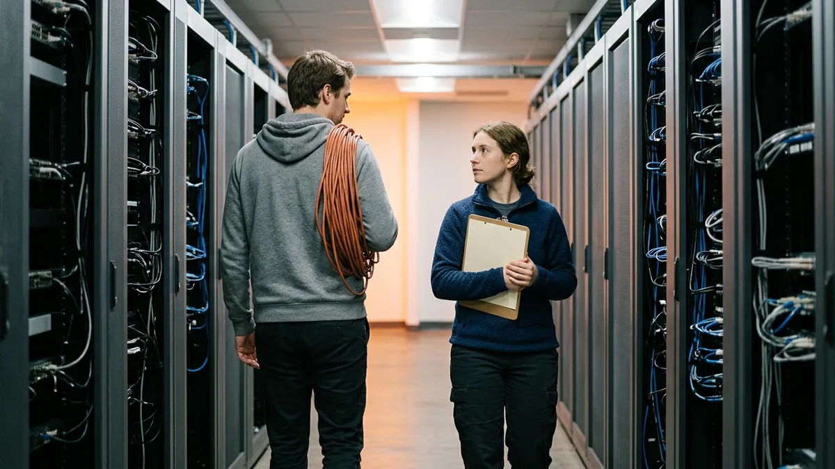 Two systems administrators walking down a server aisle, one carrying a coil of orange cable over his shoulder and the other holding a clipboard
