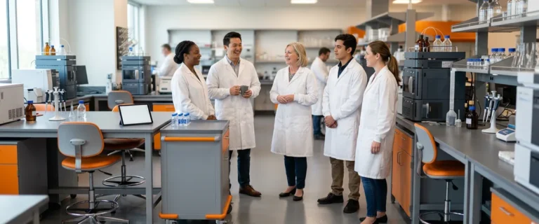 Five quality control scientists in lab coats talking and laughing together at the start of a shift in a pharmaceutical lab