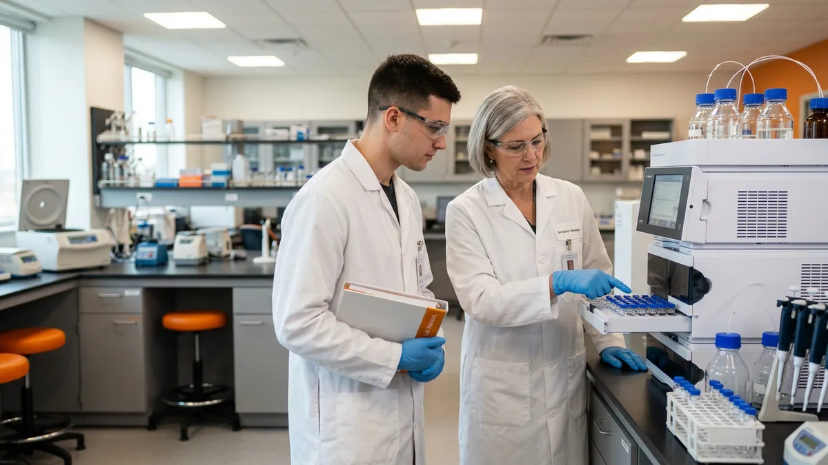Senior QC analyst showing a newly hired analyst the HPLC autosampler tray during GMP training