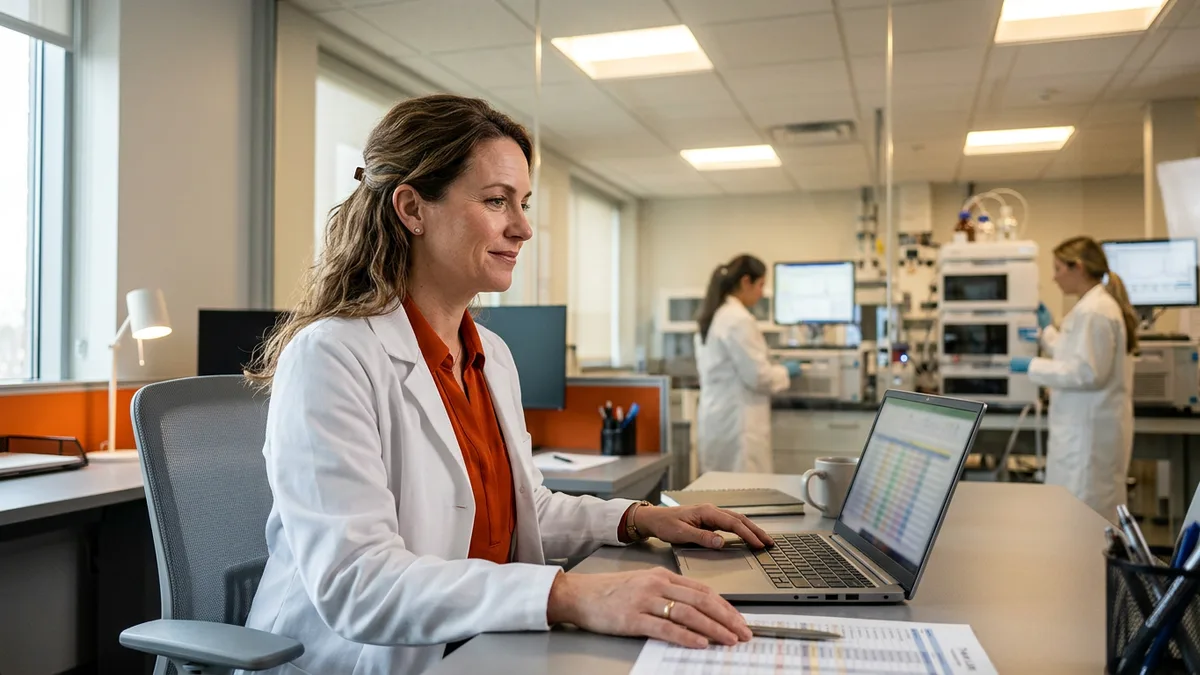 QC laboratory manager in a lab coat reviewing a new hire retention spreadsheet at her desk beside a pharmaceutical lab