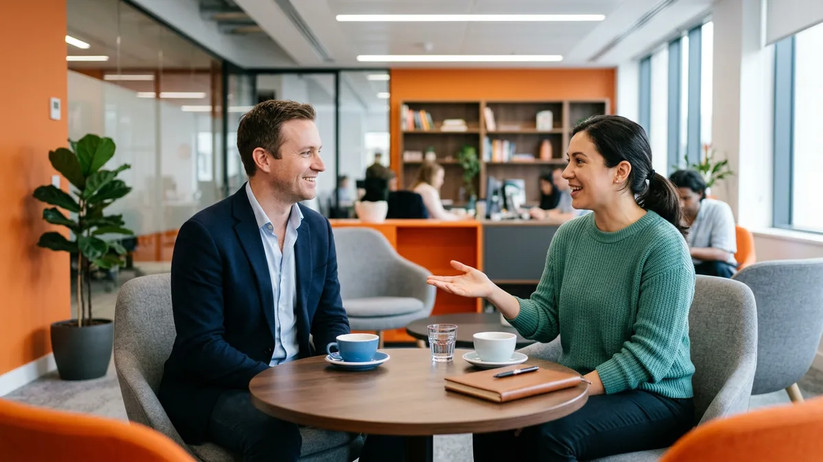 Scientific recruiter in a navy blazer listening as a chemist describes what she wants in her next role over coffee