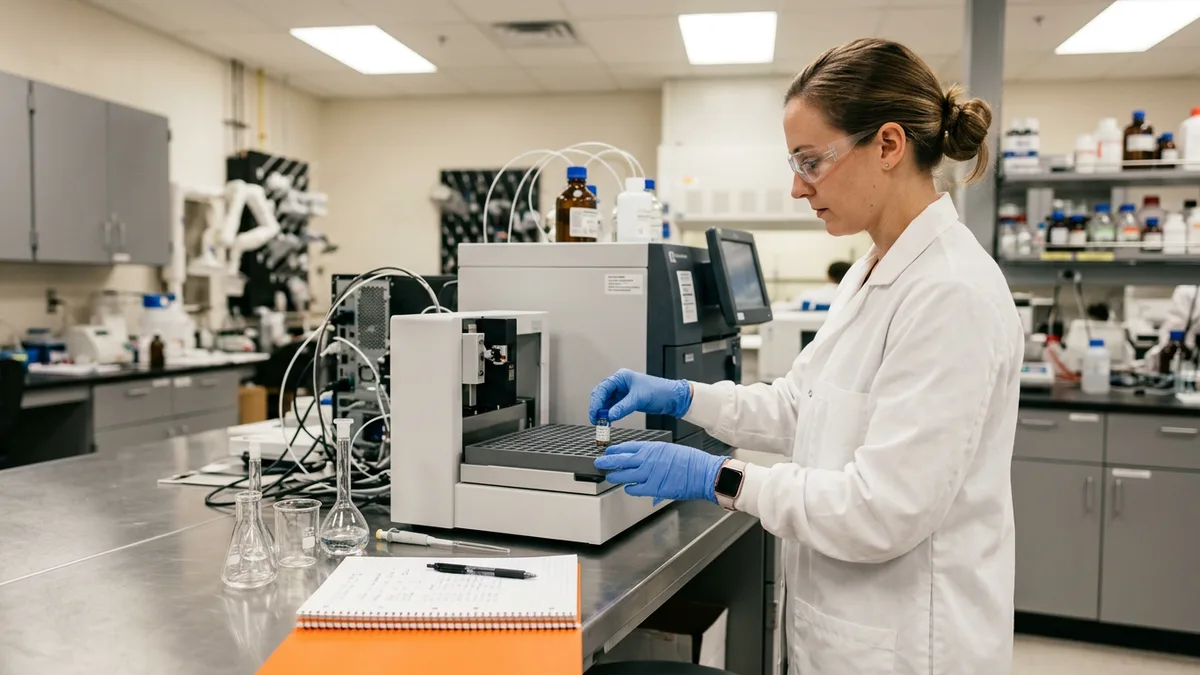 Quality control chemist loading a sample vial into an analytical instrument in a pharmaceutical lab