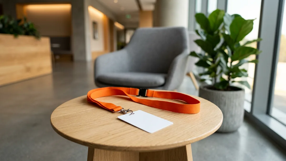 Blank white access card on an orange lanyard resting on a small oak table in a bright office lobby