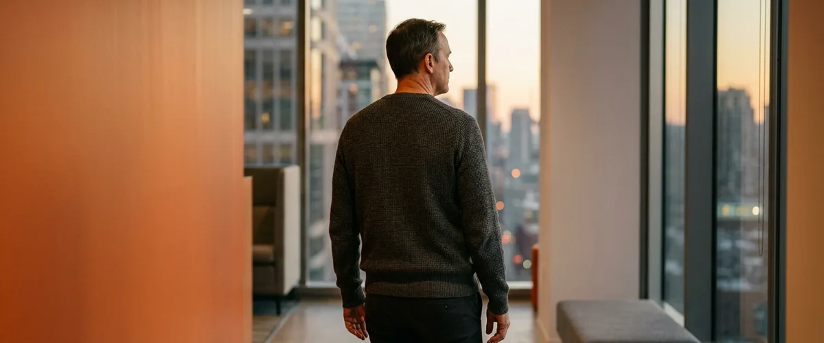 Man in a gray knit sweater seen from behind, standing at a tall office window at dusk beside an orange accent wall