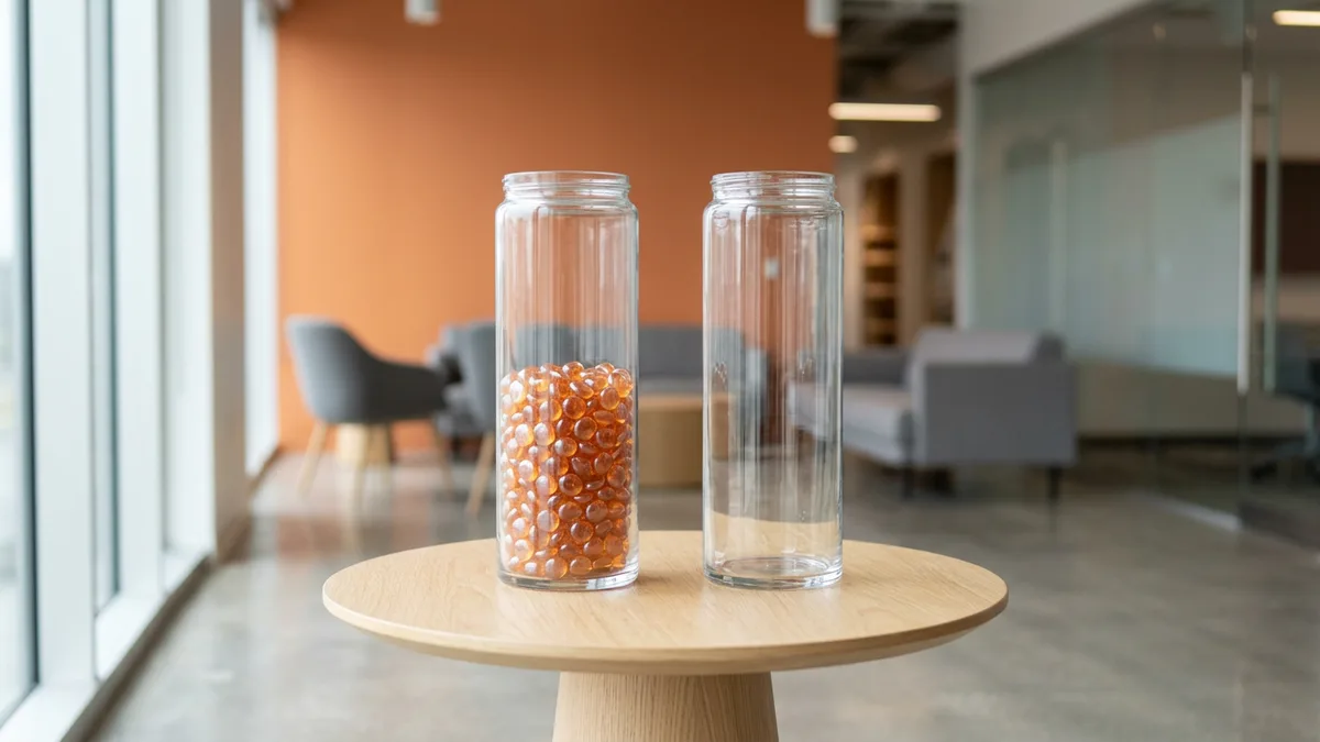 Two matching glass jars on a small oak table, the left one half full of orange beads and the right one empty