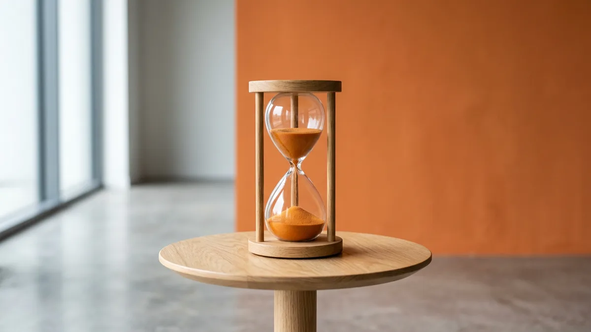 Glass sand timer with orange sand, most of it run into the lower bulb, on a small oak table in front of an orange wall