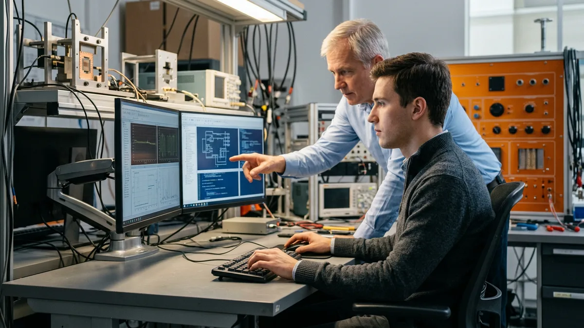 Senior engineer pointing at a monitor while a recent graduate engineer works at a semiconductor test workstation