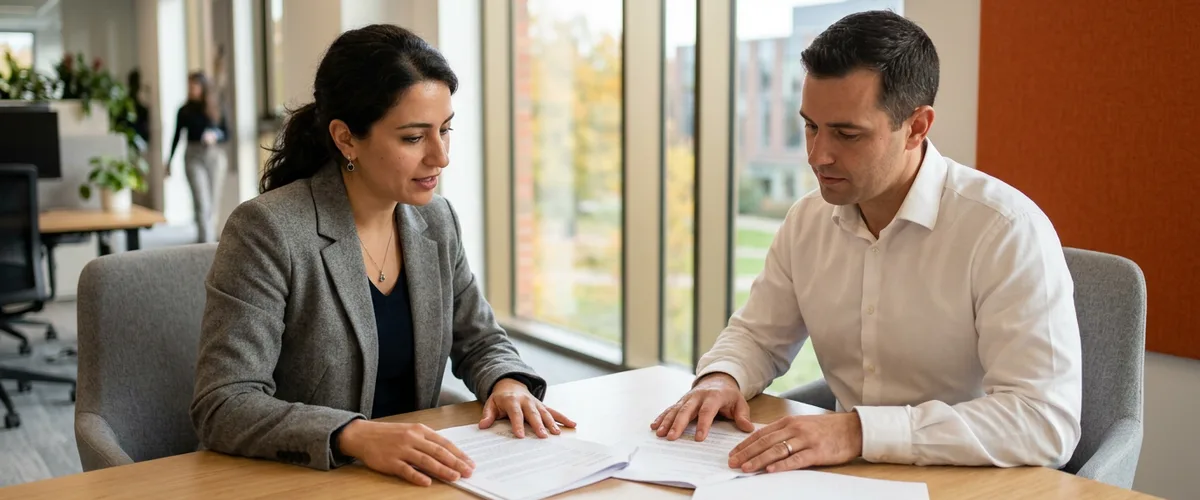 University international student advisor and corporate engineering hiring manager reviewing OPT documents across a table