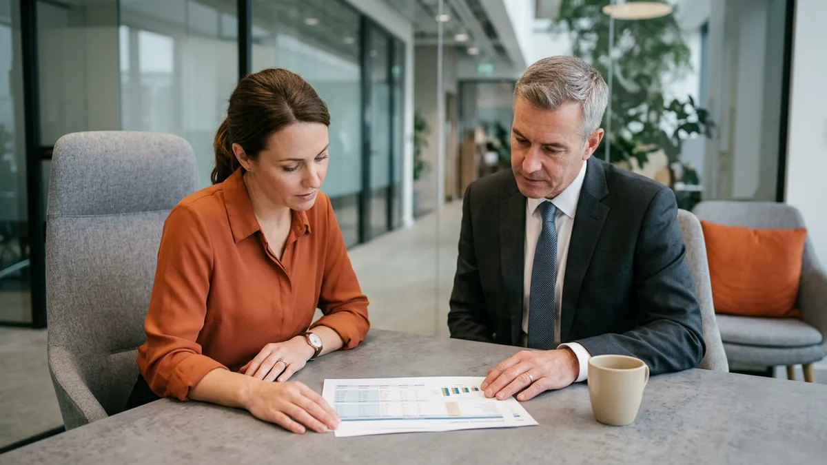 Hiring manager and finance director reviewing a printed headcount budget spreadsheet at a conference table