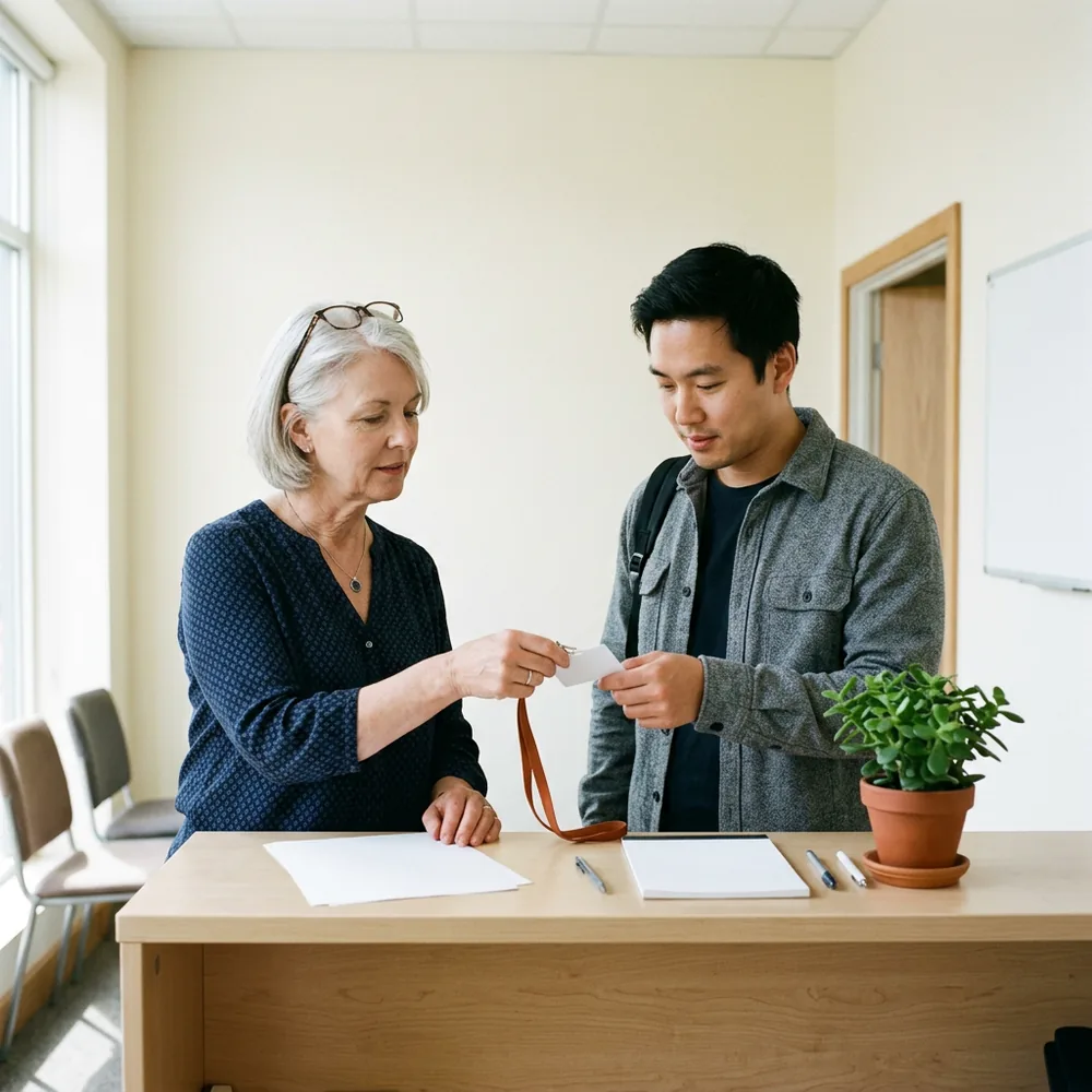 An office manager handing a blank visitor badge on an orange lanyard to a newly arrived contract Salesforce administrator across a reception counter on his first day