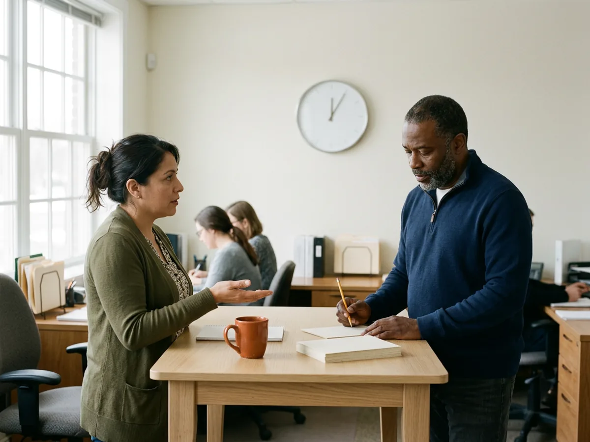 A sales operations manager explaining a request to a part-time outsourced Salesforce admin, who writes it on a blank index card at a tall office table, a plain wall clock behind them
